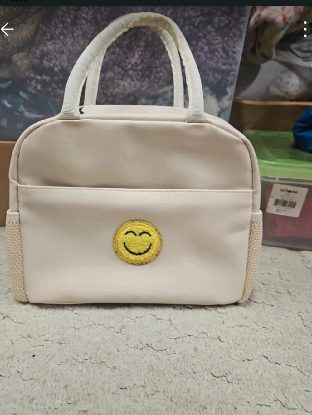 Smiley Face Insulated Lunch Bag Beige Cute Travel Cosmetic Cooler